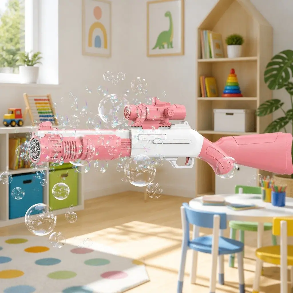 Bubble Toy Machine Hand-Held Electric Spray Gun 10-Hole Pink 44.5cm X 7cm X 15.5cm