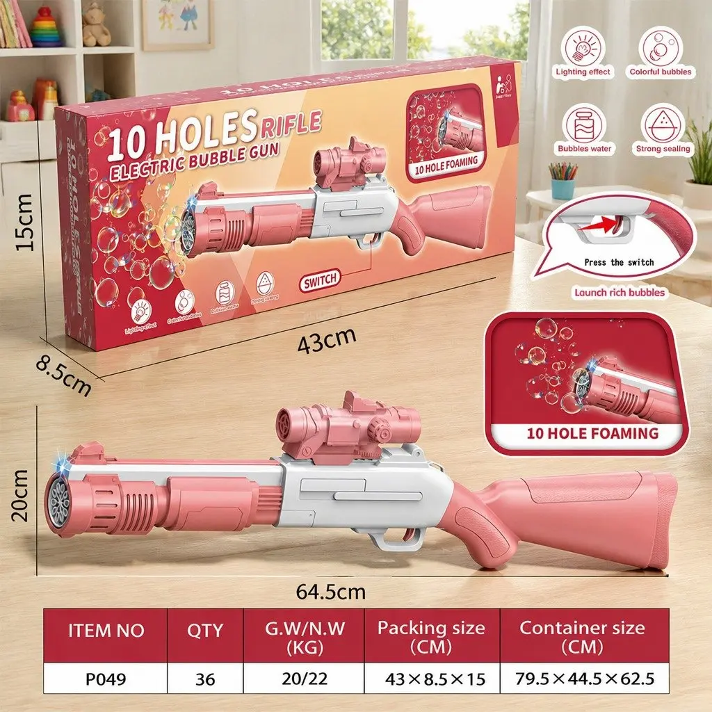 Bubble Toy Machine Hand-Held Electric Spray Gun 10-Hole Pink 44.5cm X 7cm X 15.5cm
